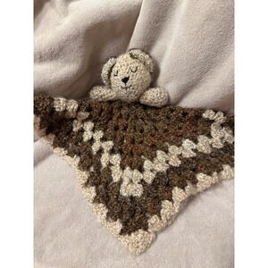 Crochet Bear Lovey Security Blanket Brown Beige Baby Snuggler‎ Toy Soft